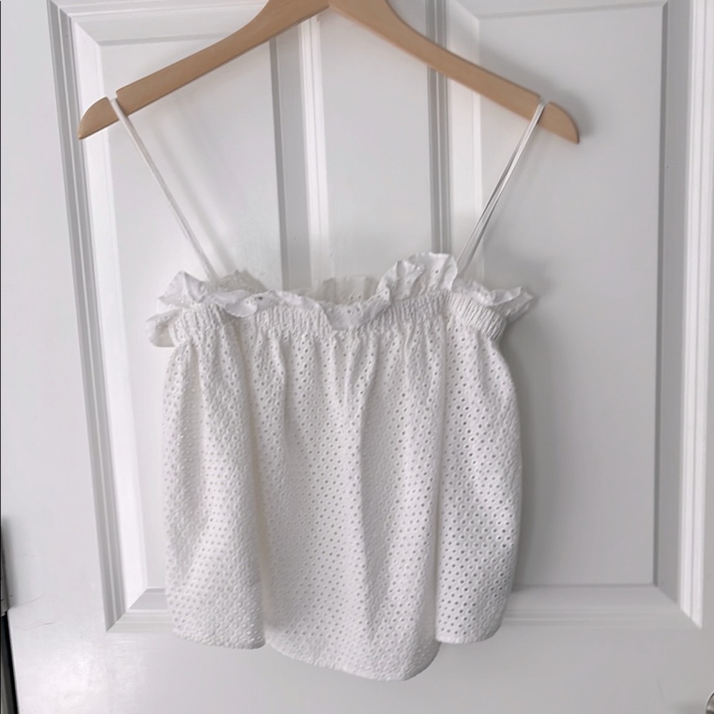 Zara White Eyelet  Ruffled Smock billowed Summer top sz xs